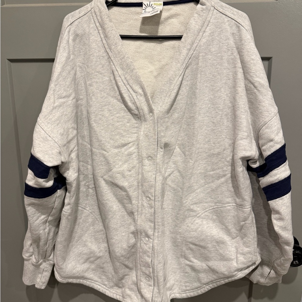 American Eagle Outfitters Gray Button-Up Top with Navy Stripes